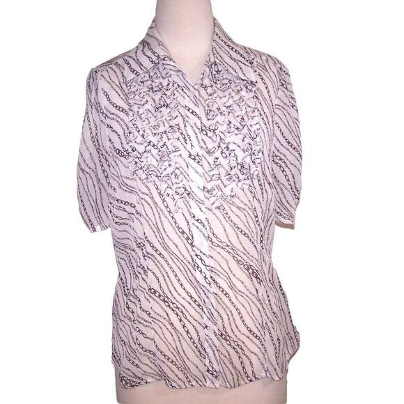 Worthington Shirt Top Womens Sz 14 Sheer Chain Print Ruffled Button Up Crinkled - Picture 1 of 9